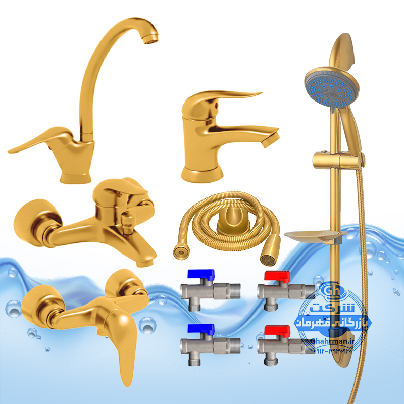 ست ۱۰ عددی شیرآلات برند آیدا صنعت مدل دنیز | شیر ظرفشوییشیر روشوییشیر حمامشیر توالتعلم دوش یونیکاشلنگ توالتچهار عدد شیر پیسوار | طلایی مات