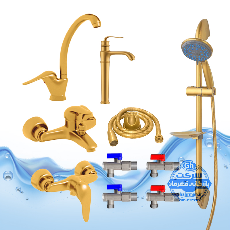 ست ۱۰ عددی شیرآلات برند آیدا صنعت مدل دنیز | شیر ظرفشوییشیر روشویی پایه‌بلندشیر حمامشیر توالتعلم دوش یونیکاشلنگ توالتچهار عدد شیر پیسوار | طلایی مات