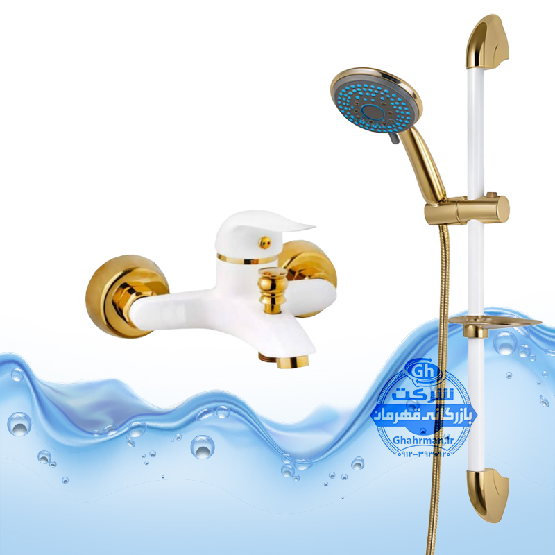 ست ۲ عددی شیر حمام و علم دوش یونیورست مدل یونیکا | سفید طلایی | شیرآلات برند آیدا صنعت مدل دنیز